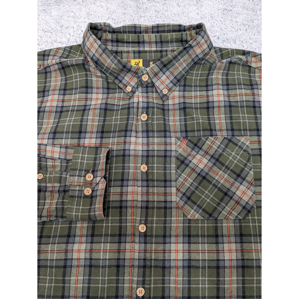 Browning Flannel Green & Orange Tartan Plaid Shirt Mens 3XL Long Sleeve
